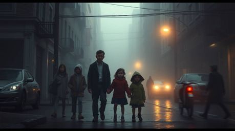 This street photography piece captures a poignant family reunion in an unsettling Pixar style. Set against a backdrop of a th