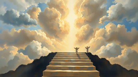 This classic oil painting features a distinctly split composition showcasing steps of light ascending into a cloudy sky. Ange