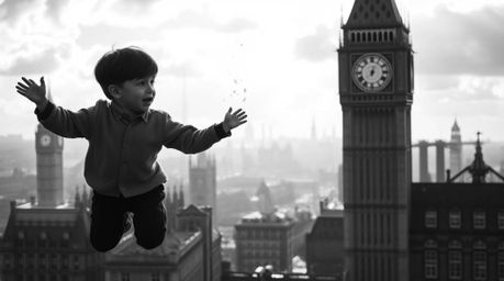 A timeless and elegant black and white image depicts a young boy soaring above London, powered by pixie dust. The scene is ba