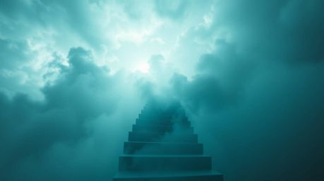A captivating extreme macro photograph depicts a winding stairway crafted from ethereal smoke and light, ascending into a vas