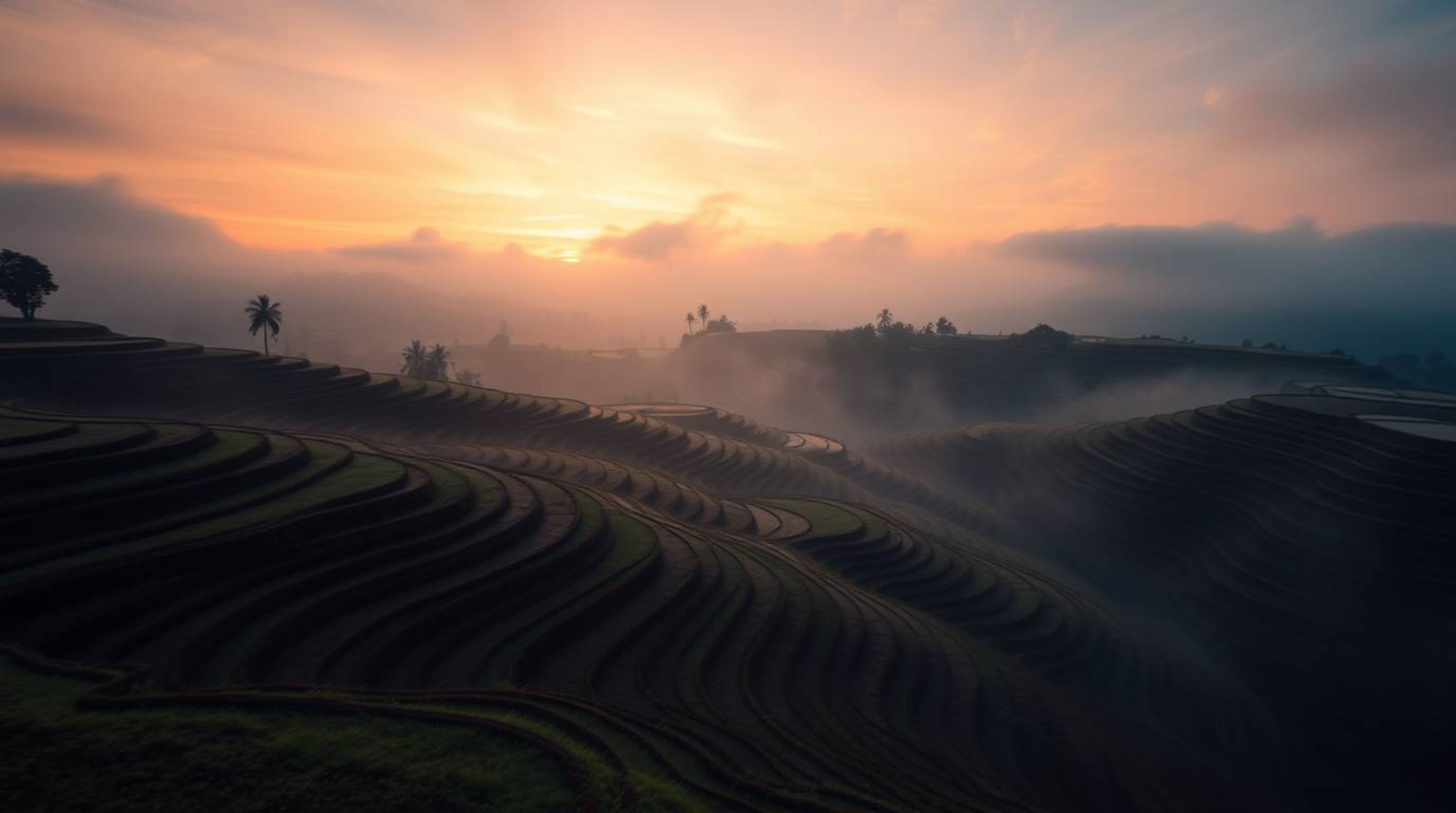 Capture the enchanting beauty of a sunset over rice terraces with a moody long exposure photograph. The image evokes a mystic