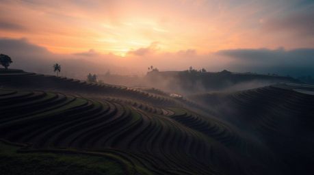 Capture the enchanting beauty of a sunset over rice terraces with a moody long exposure photograph. The image evokes a mystic