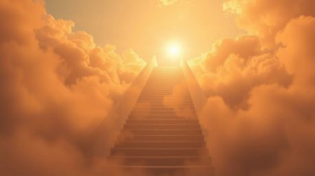 A surreal and breathtaking image depicts a stairway ascending through smoky clouds towards a radiant celestial light. Bathed 
