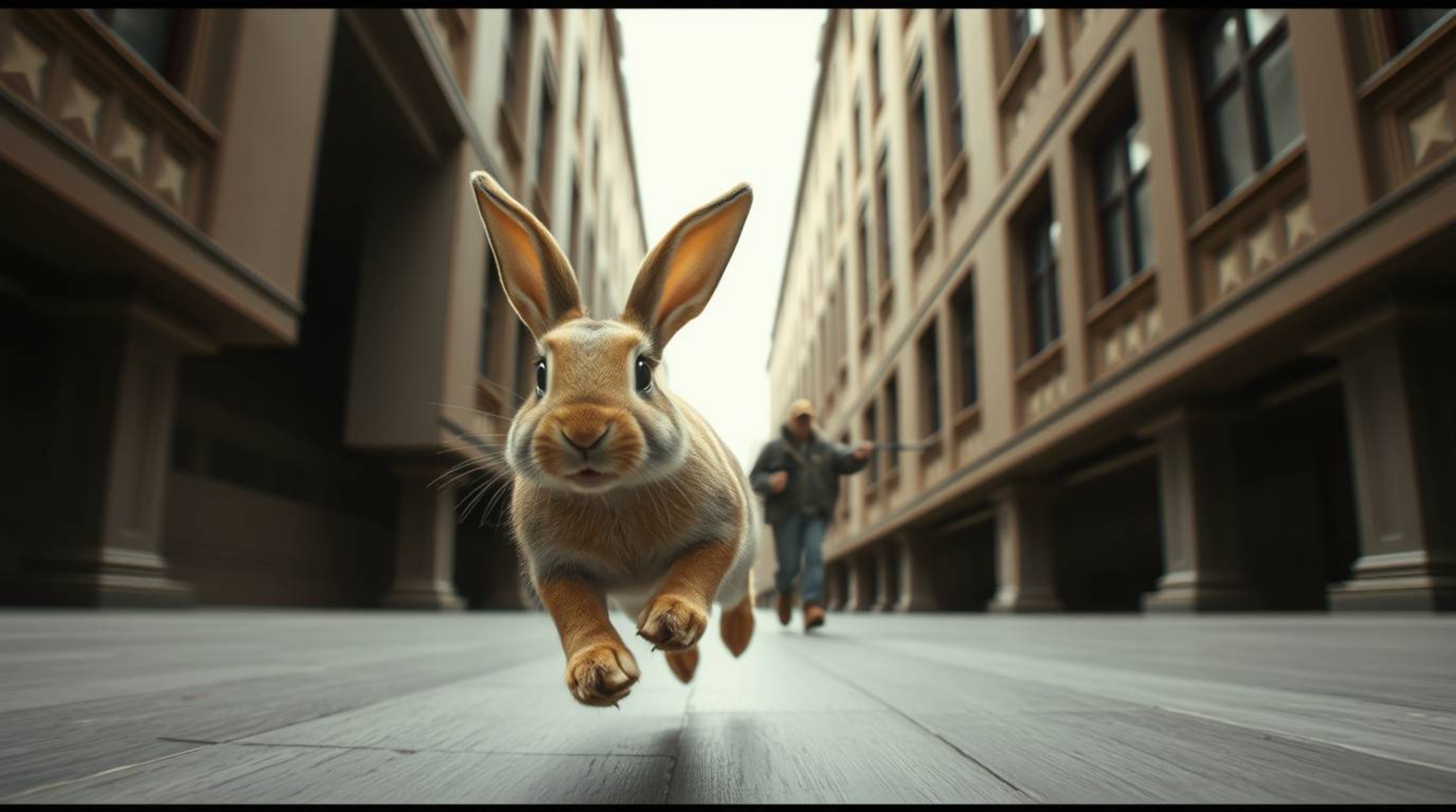 Experience the thrill of a wacky rabbit outrunning a hunter in this dramatic cinematic scene. The precise architectural color