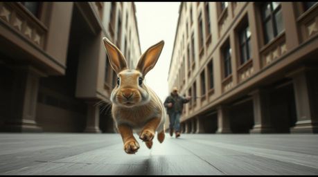 Experience the thrill of a wacky rabbit outrunning a hunter in this dramatic cinematic scene. The precise architectural color