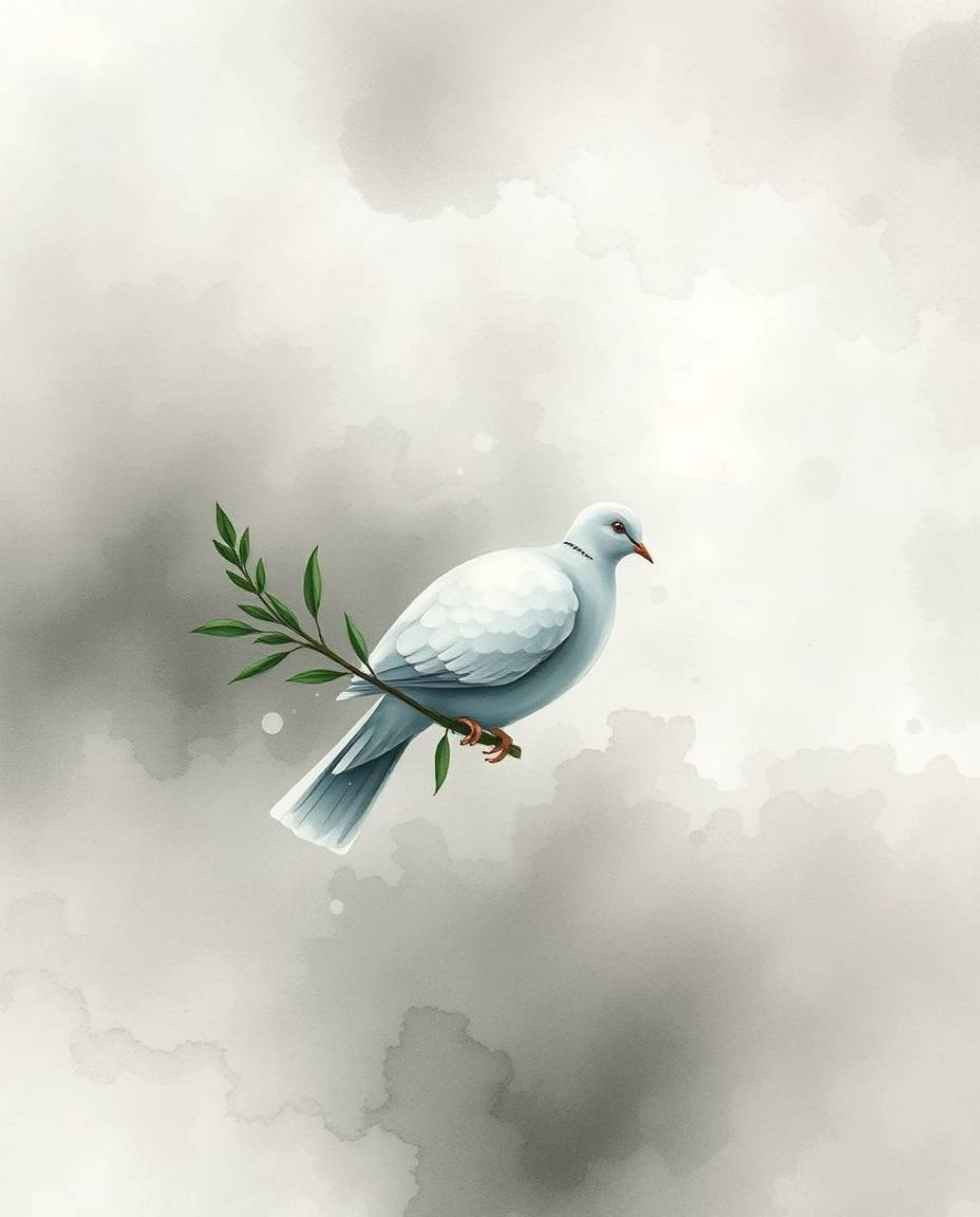 A delicate watercolor painting depicts a dove carrying an olive branch, soaring through a dramatic stormy sky shrouded in thi