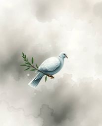 A delicate watercolor painting depicts a dove carrying an olive branch, soaring through a dramatic stormy sky shrouded in thi