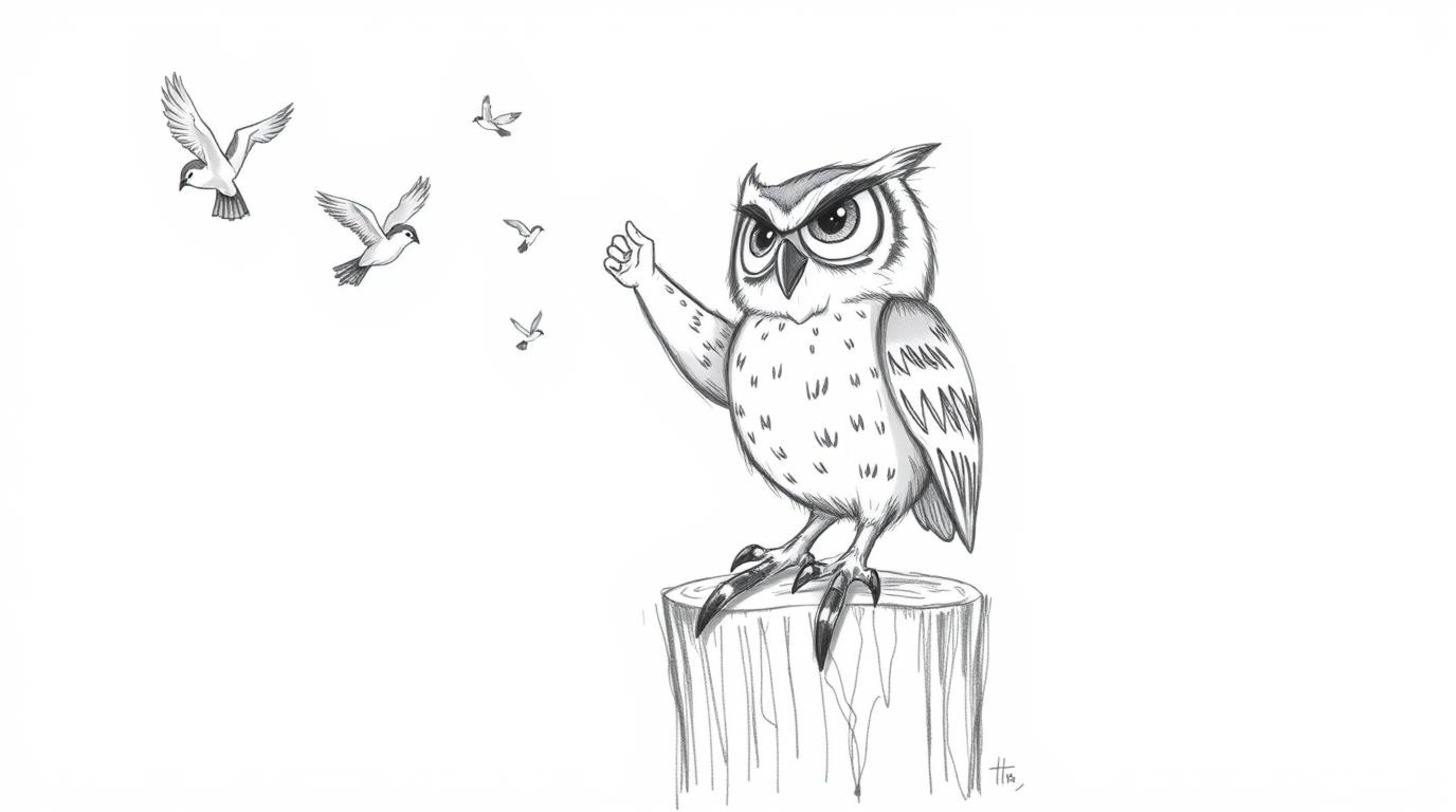 A heartwarming hand-drawn sketch reminiscent of Pixar animation, showcasing a blind owl with incredibly expressive eyes perch