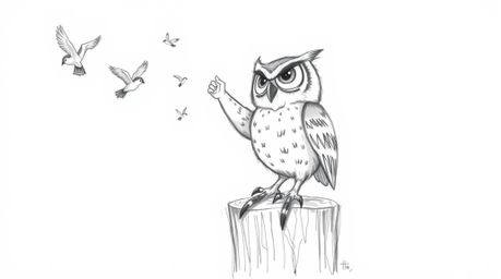 A heartwarming hand-drawn sketch reminiscent of Pixar animation, showcasing a blind owl with incredibly expressive eyes perch
