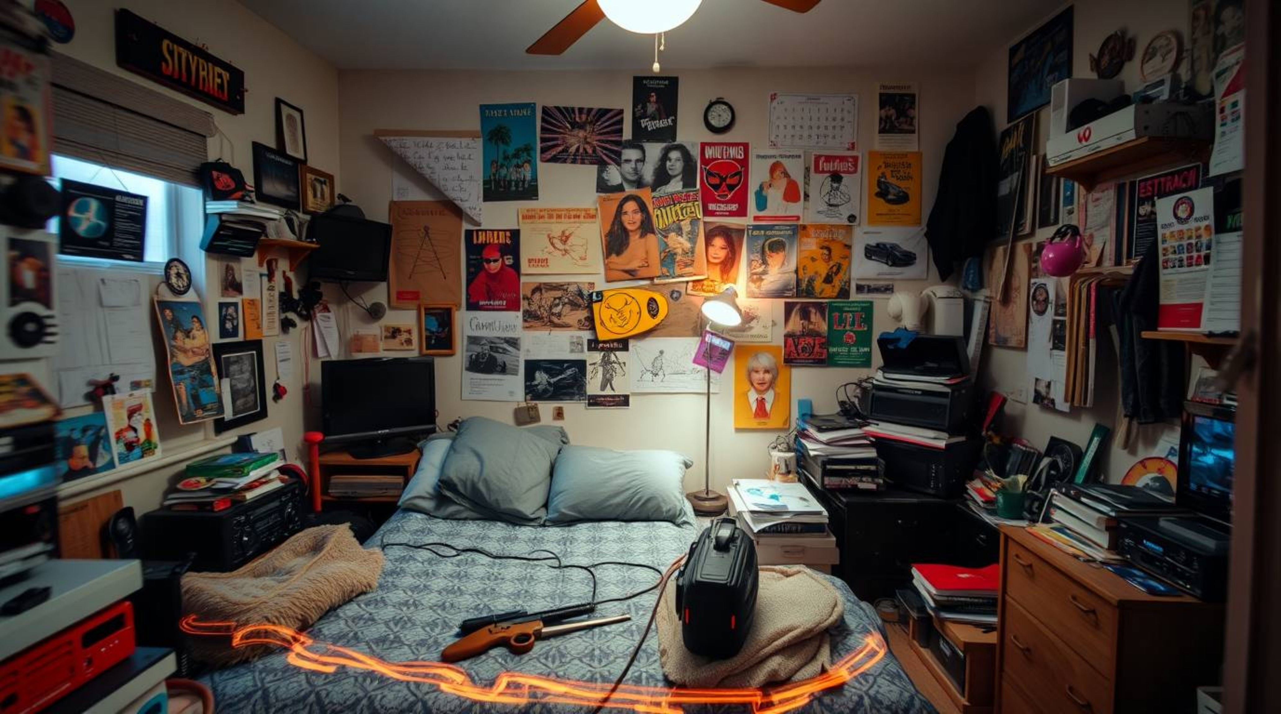 Explore a captivating and adorably messy bedroom scene, brimming with quirky gadgets and vibrant posters.  Captured using lon