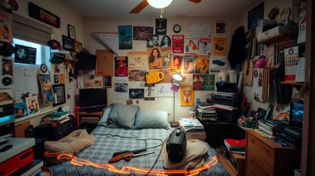 Explore a captivating and adorably messy bedroom scene, brimming with quirky gadgets and vibrant posters.  Captured using lon