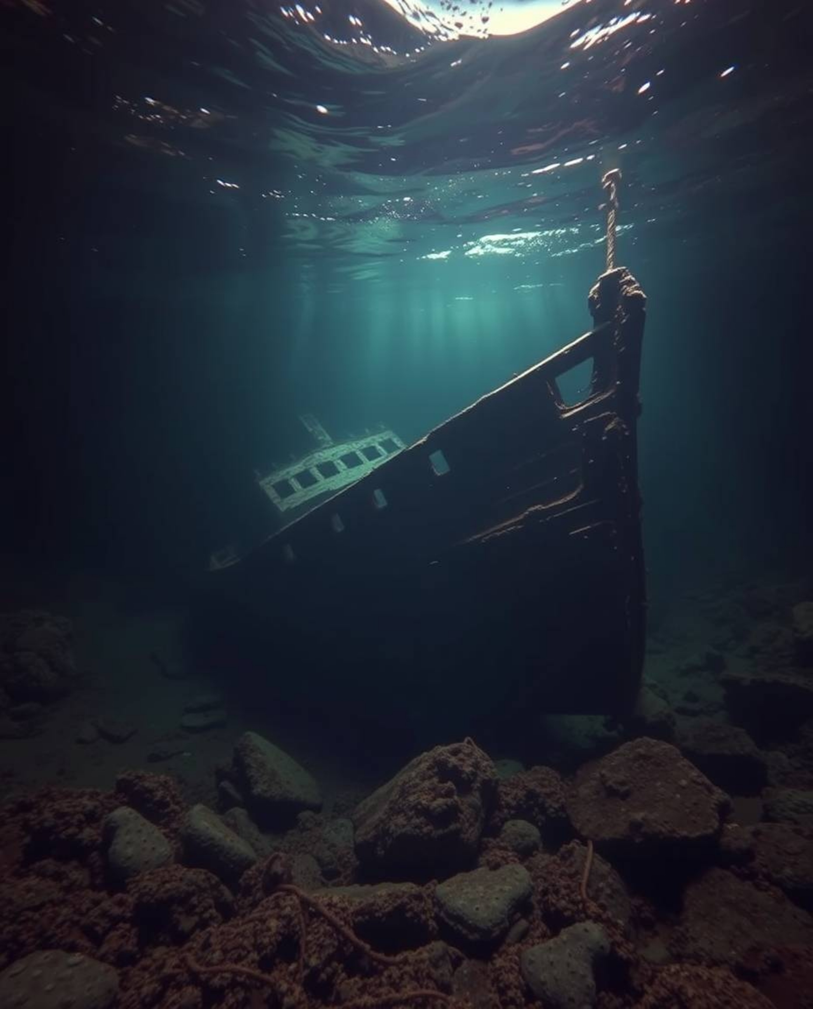 An underwater shipwreck, illuminated in the deep sea, rendered in natural earth tones with high contrast. The scene utilizes 