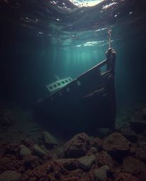 An underwater shipwreck, illuminated in the deep sea, rendered in natural earth tones with high contrast. The scene utilizes 