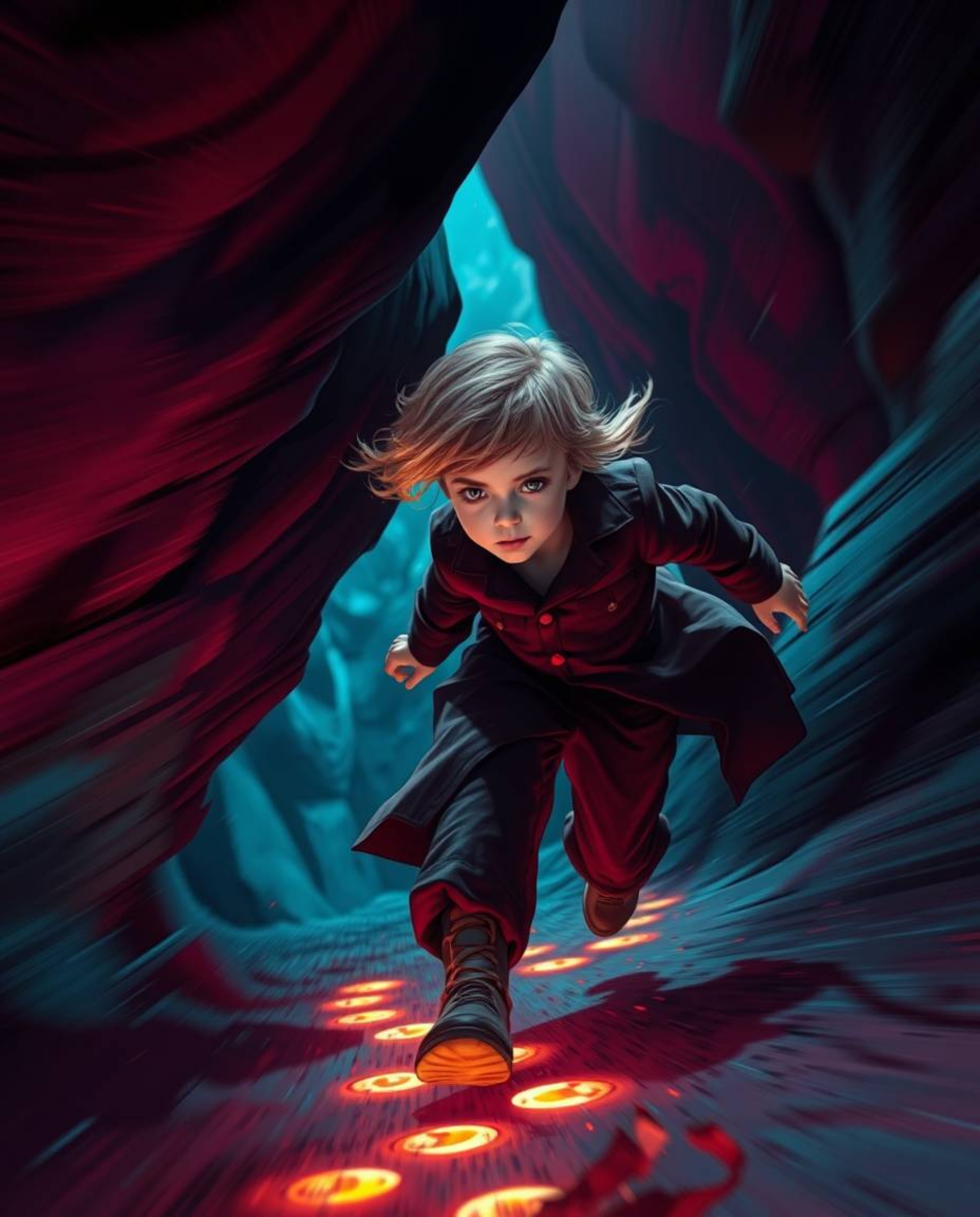 A captivating scene unfolds with dynamic motion, rich burgundy, and deep blue hues. A child, displaying a determined gaze, fo