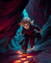 A captivating scene unfolds with dynamic motion, rich burgundy, and deep blue hues. A child, displaying a determined gaze, fo