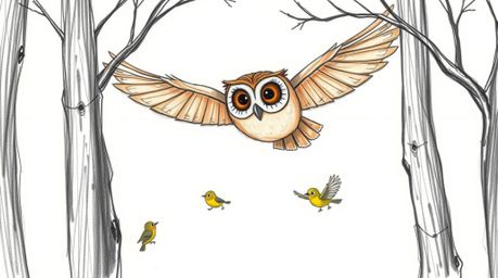 A heartwarming hand-drawn sketch showcases a blind owl in Pixar style, depicted with expressive eyes and soft brown feathers,