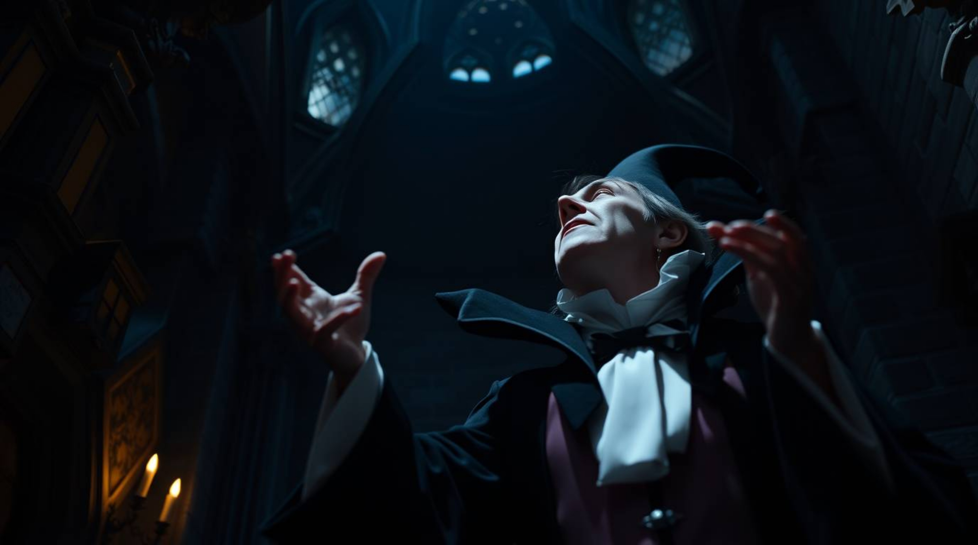 A captivating, commercial-quality stock photo depicts a classic Disney villain engrossed in casting a spell within the imposi