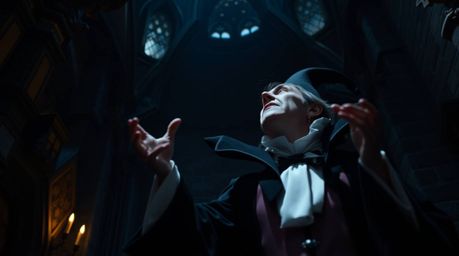 A captivating, commercial-quality stock photo depicts a classic Disney villain engrossed in casting a spell within the imposi