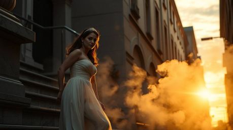 A captivating street photograph depicts a graceful figure ascending a stone staircase towards a radiant beam of light.  The s
