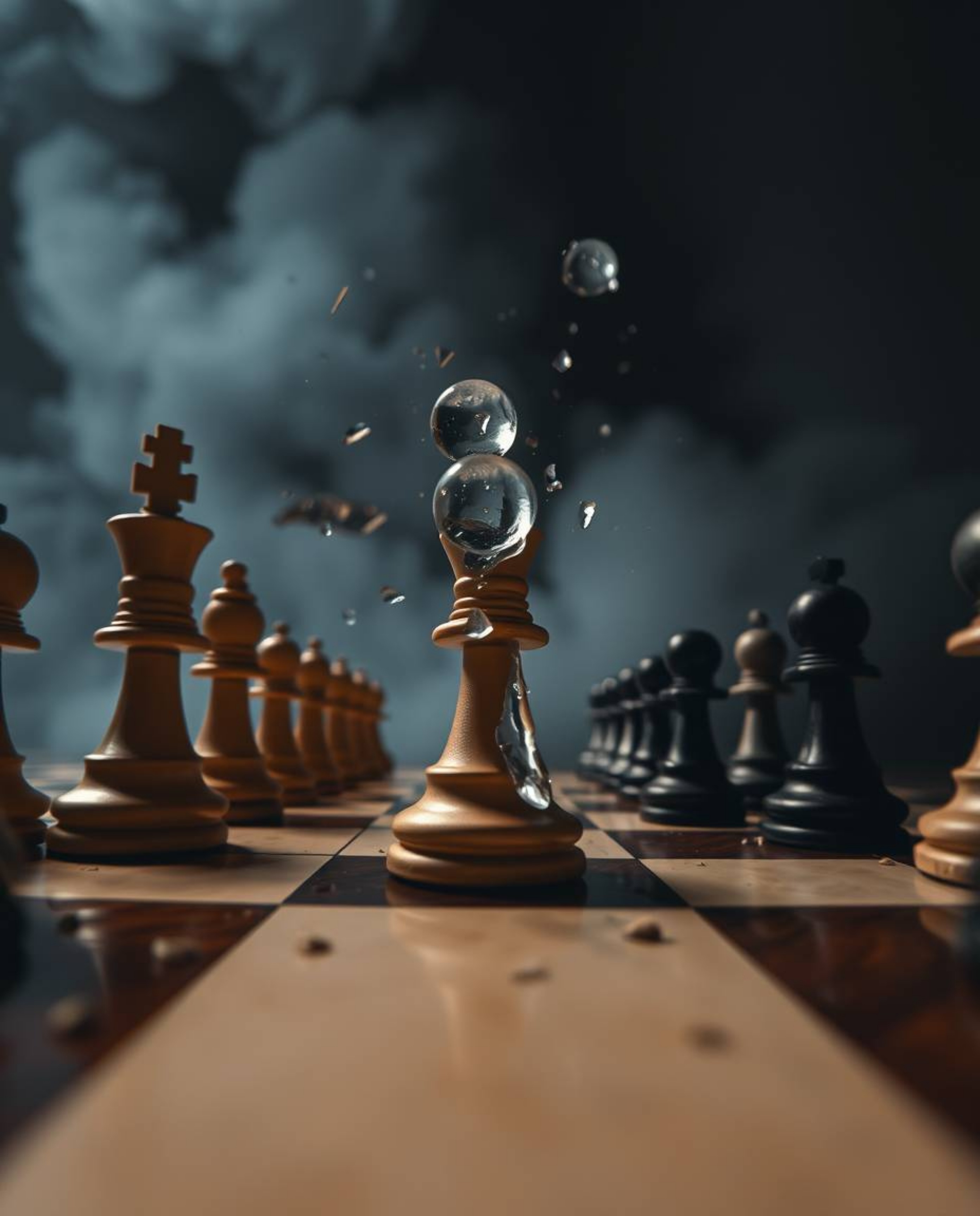 This captivating image captures a chessboard and its pieces in a state of frozen destruction, viewed from a dramatic low angl