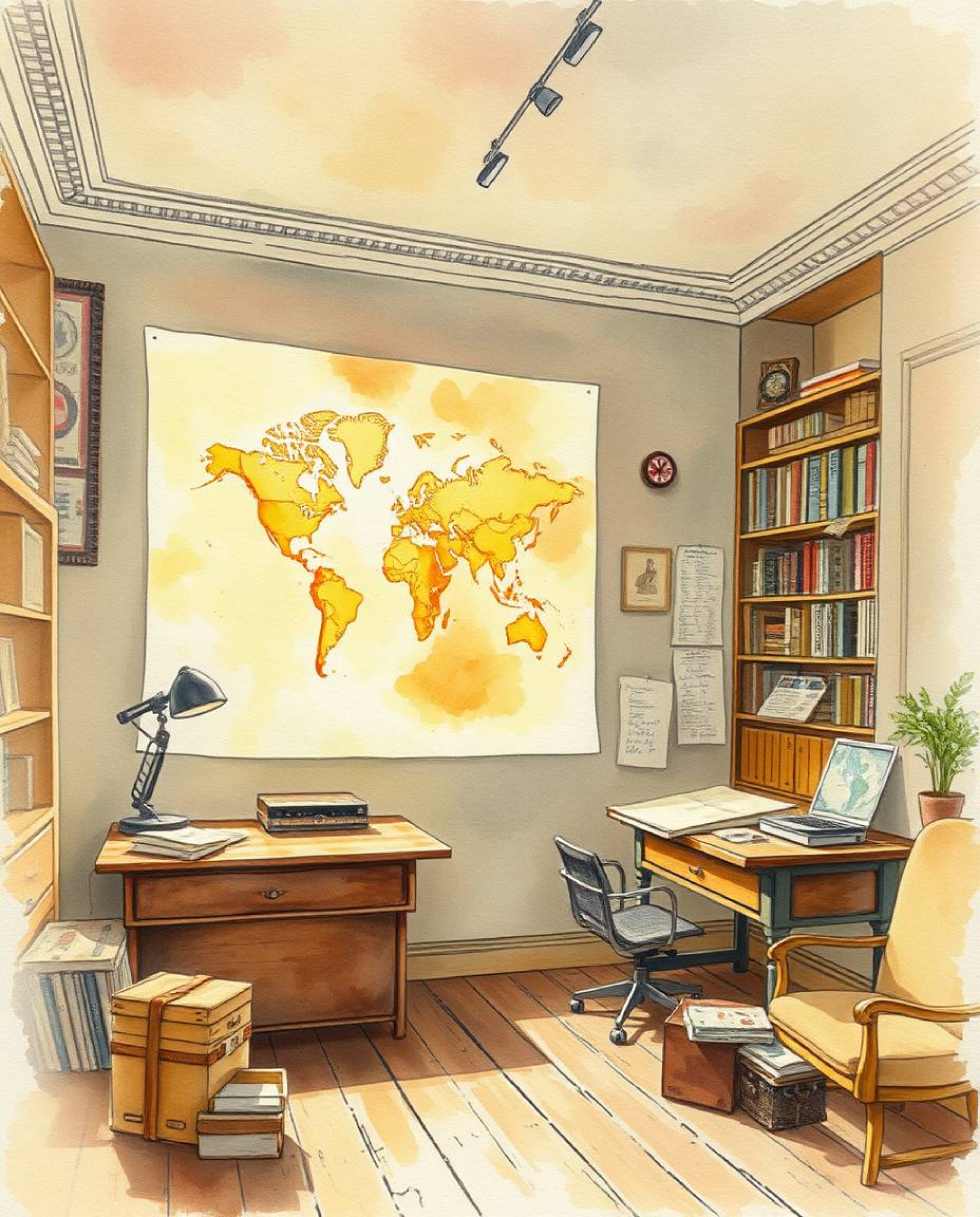 This delicate watercolor painting captures the ethereal beauty of a glowing map projection in an old study. The artwork is ch