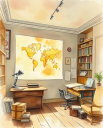 This delicate watercolor painting captures the ethereal beauty of a glowing map projection in an old study. The artwork is ch