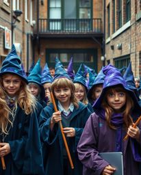 Discover captivating candid street photography capturing the youthful energy of a magical school filled with young wizards.  