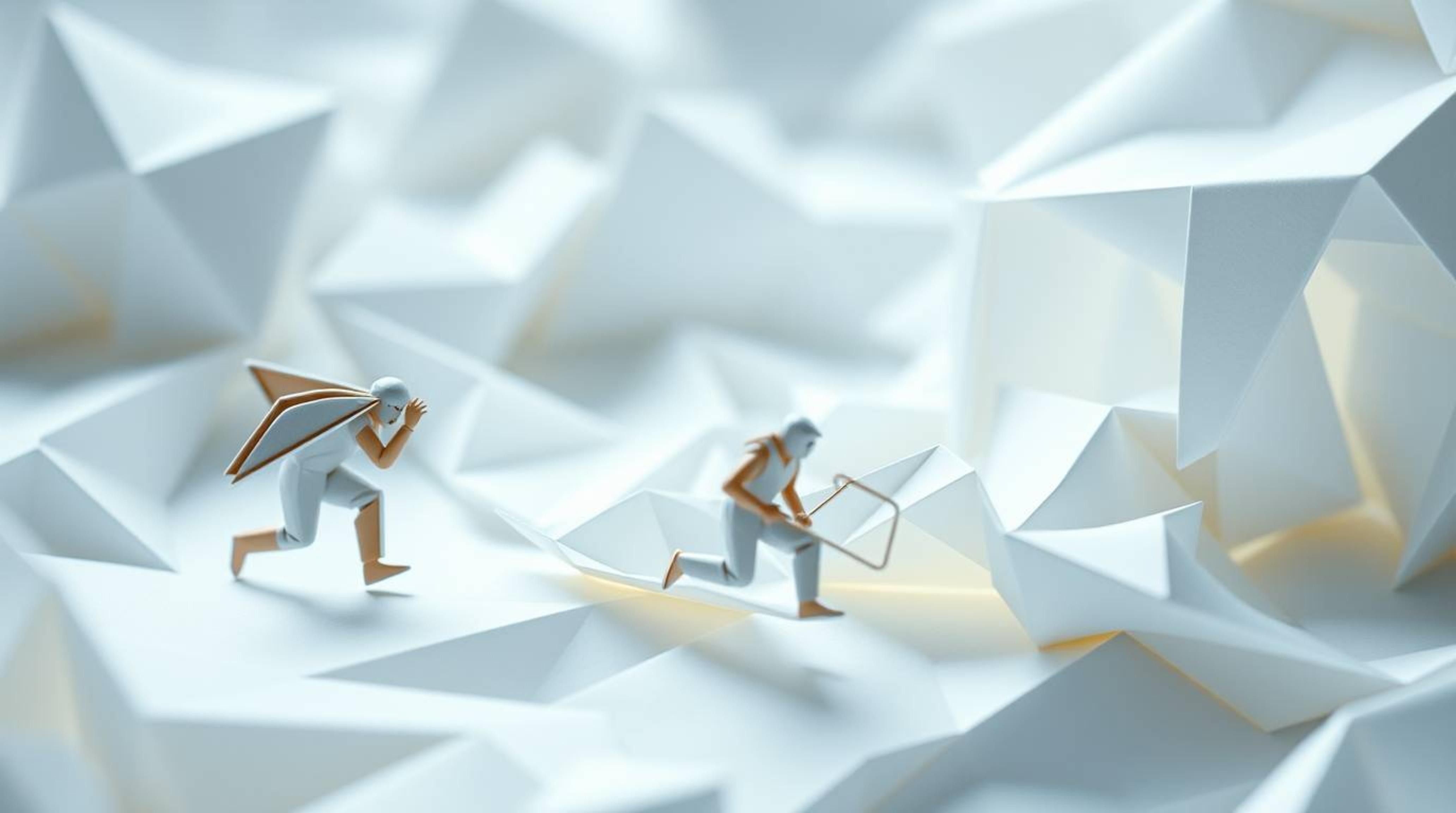 Witness an intricate origami-style chase scene captured in extreme macro close-up, revealing exaggerated squash and stretch e
