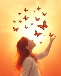 A stunning visual featuring a girl with reddish-blonde hair releasing butterflies into a warm, soft, and dreamy atmosphere. I