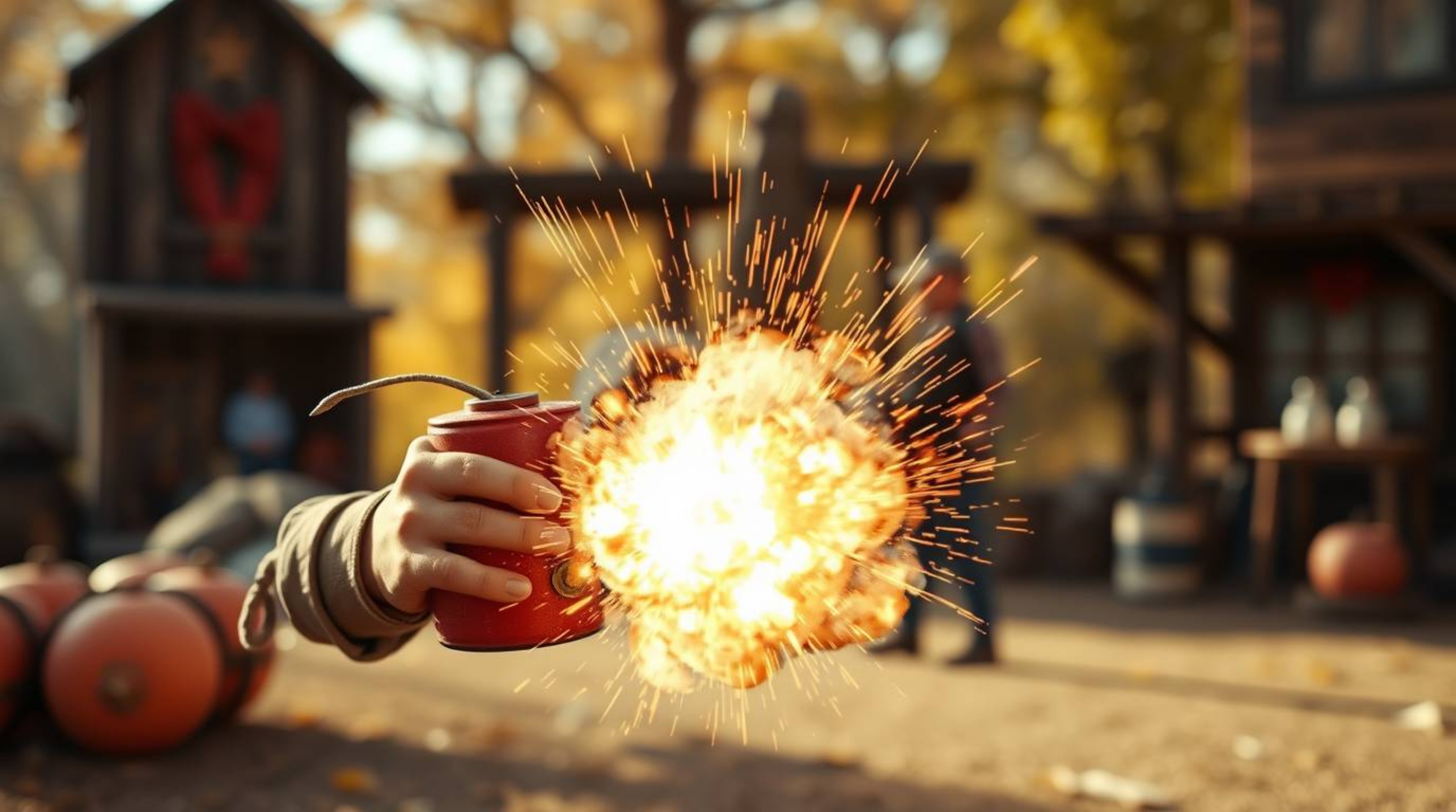 A classic exploding TNT gag set in the wild west, captured with a beautiful blurred bokeh effect, evokes a warm and cozy atmo