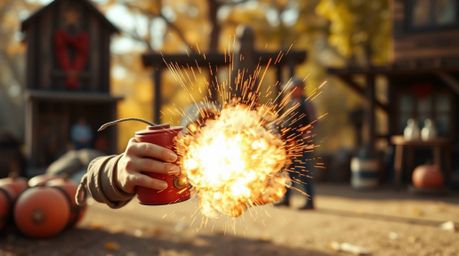 A classic exploding TNT gag set in the wild west, captured with a beautiful blurred bokeh effect, evokes a warm and cozy atmo