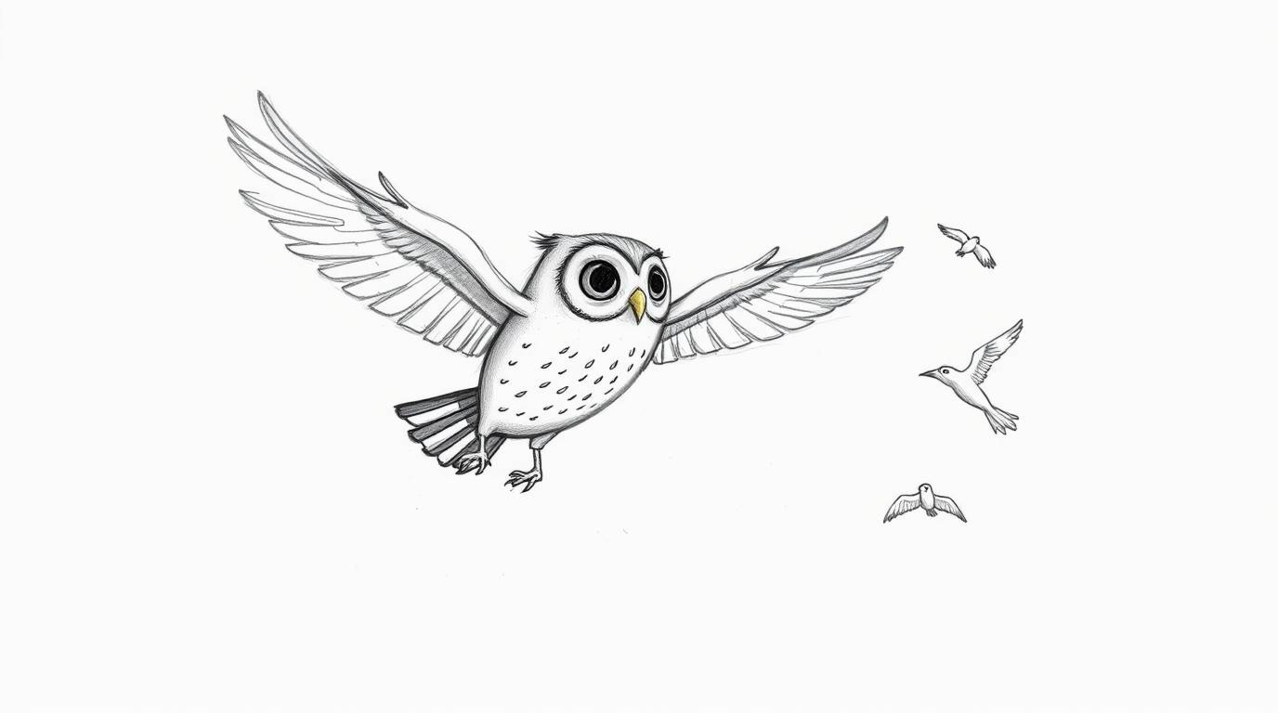 A heartwarming hand-drawn sketch in the style of Pixar depicts a blind owl, mid-flight with trailing feathers, gently instruc