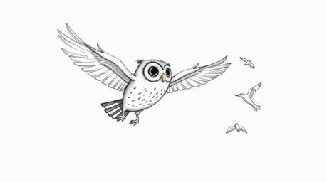 A heartwarming hand-drawn sketch in the style of Pixar depicts a blind owl, mid-flight with trailing feathers, gently instruc