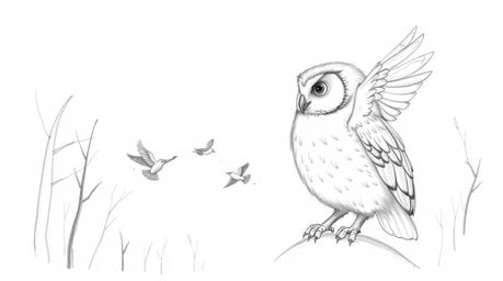 A heartwarming hand-drawn pencil sketch depicts a blind owl with soft feathers, patiently guiding small birds in flight withi