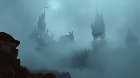 A classic Disney villain, shrouded in thick fog, casts a spell within the walls of an ancient castle. Rendered in natural ea