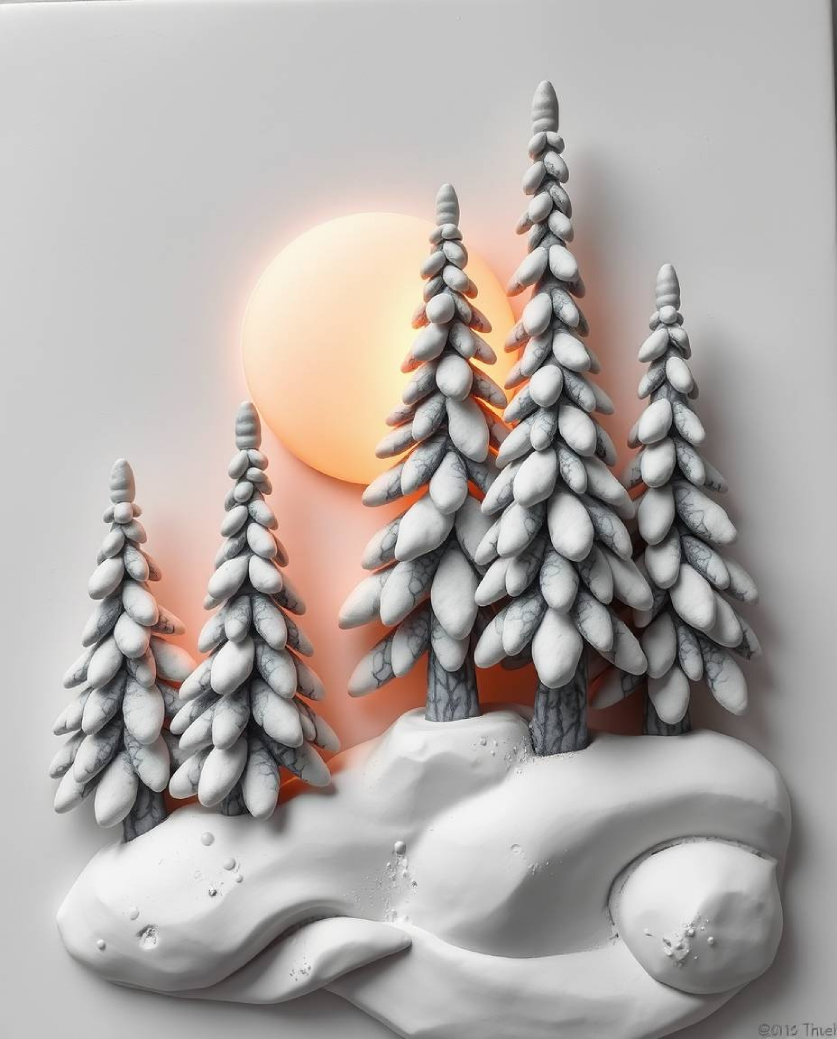 A classic black and white sculptural clay art piece depicts the enchanting scene of sunset light sparkling on snowy pine tree