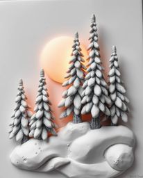 A classic black and white sculptural clay art piece depicts the enchanting scene of sunset light sparkling on snowy pine tree