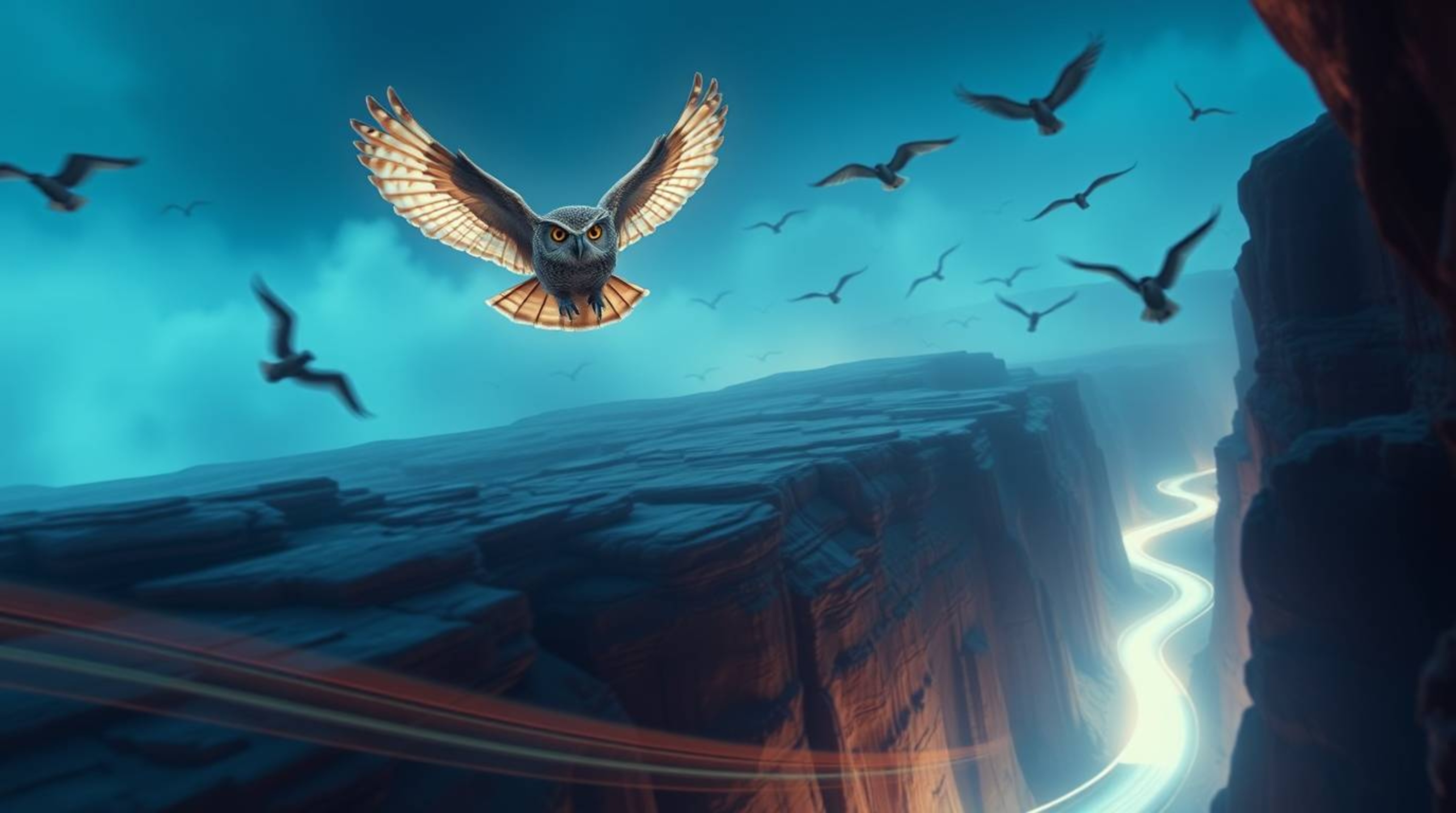 This captivating long exposure photograph depicts a blind owl, rendered in a charming Pixar-like style, as it guides birds in