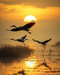 An intense jet-black and white image of herons flying in a mystical golden hour wetlands scene. This photograph captures a dr