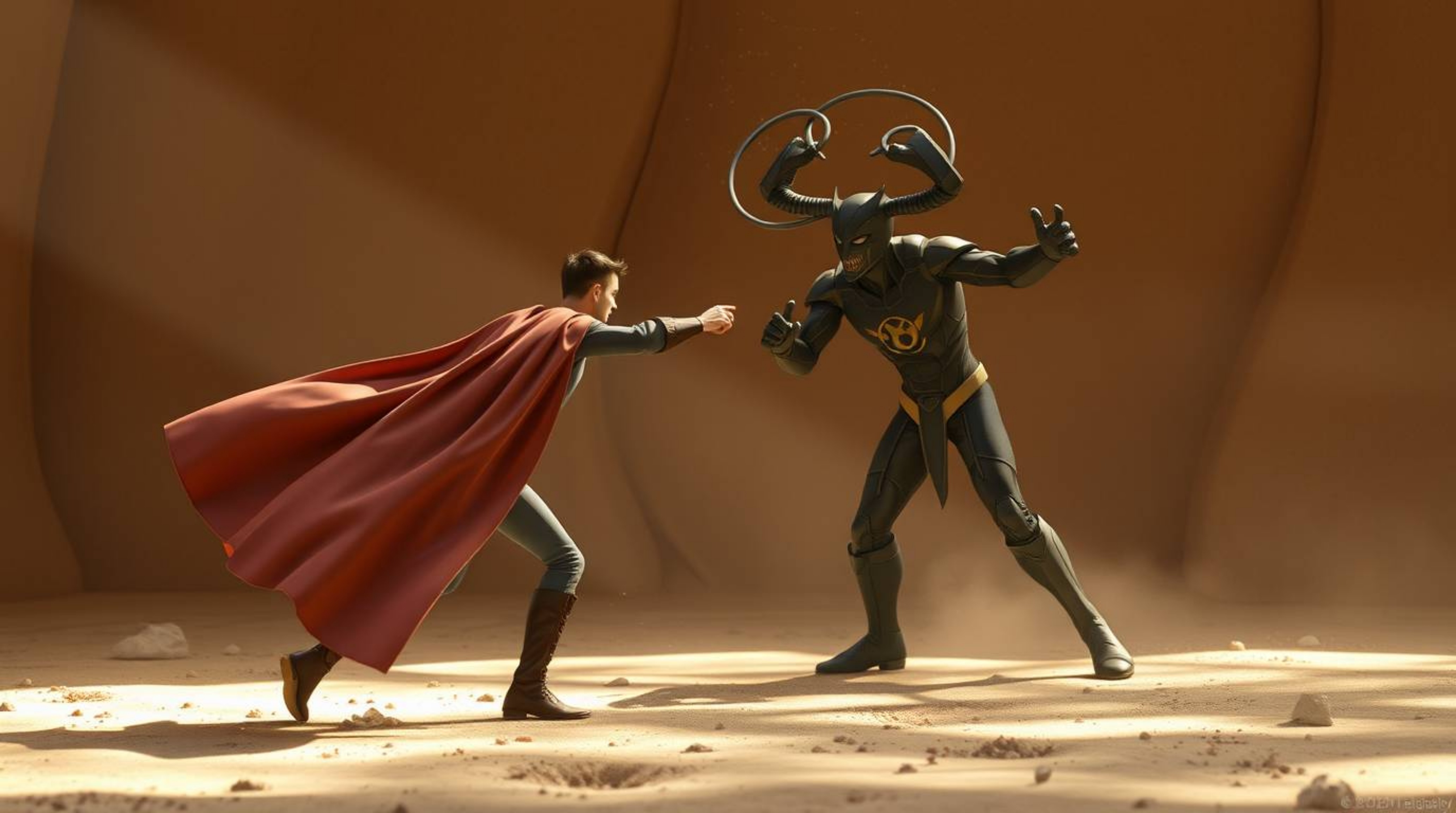A gentle, soft-lit illustration depicts a superhero in a flowing cape battling a silly villain.  Browns, beiges, and other mu