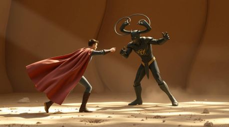A gentle, soft-lit illustration depicts a superhero in a flowing cape battling a silly villain.  Browns, beiges, and other mu