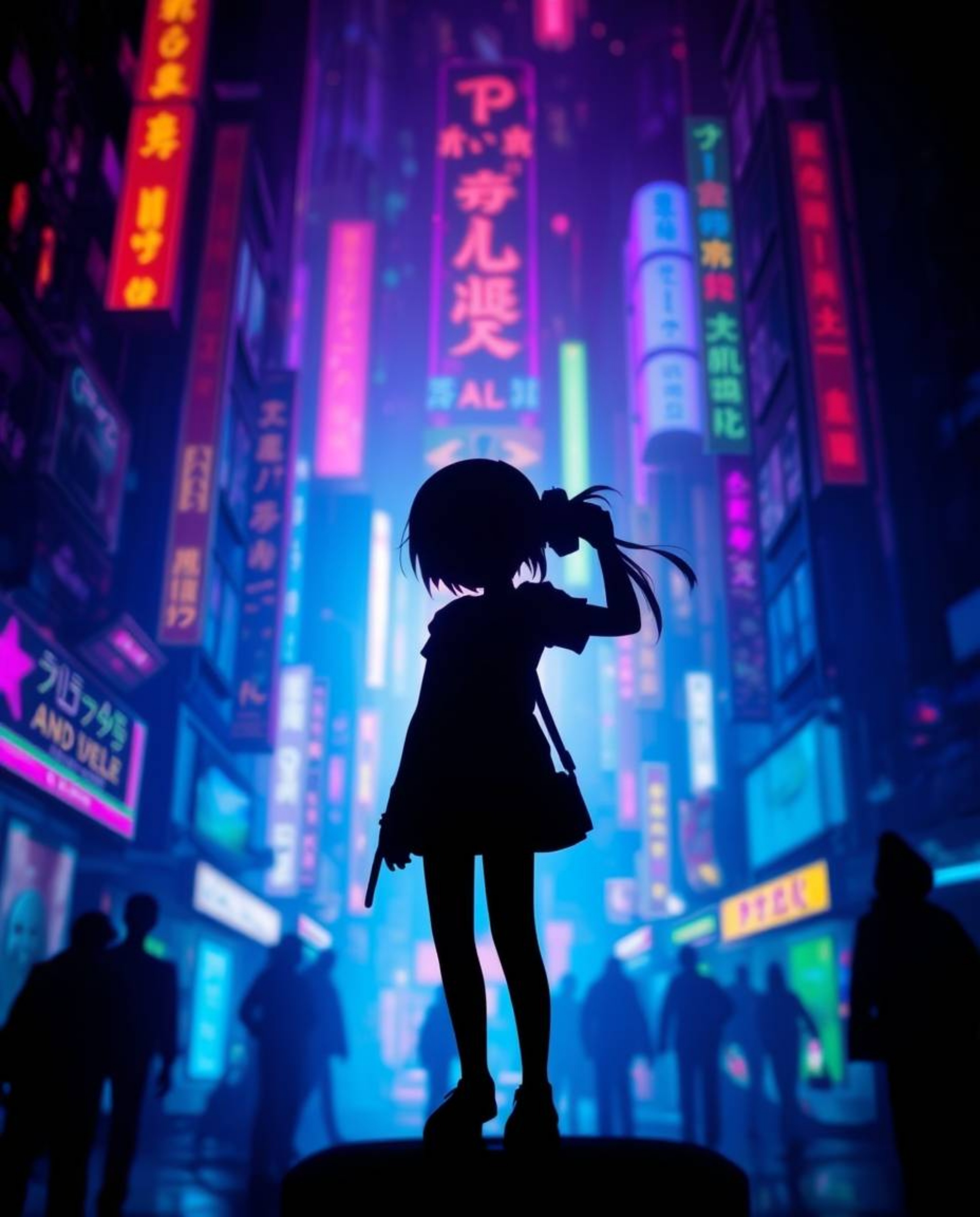 Explore the vibrant fusion of Isekai anime and cyberpunk aesthetics with silhouetted backlighting and extreme macro close-ups