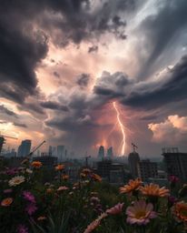 A captivating image depicting vibrant flowers blooming amidst the ruins of a post-apocalyptic city under stormy skies. The dr