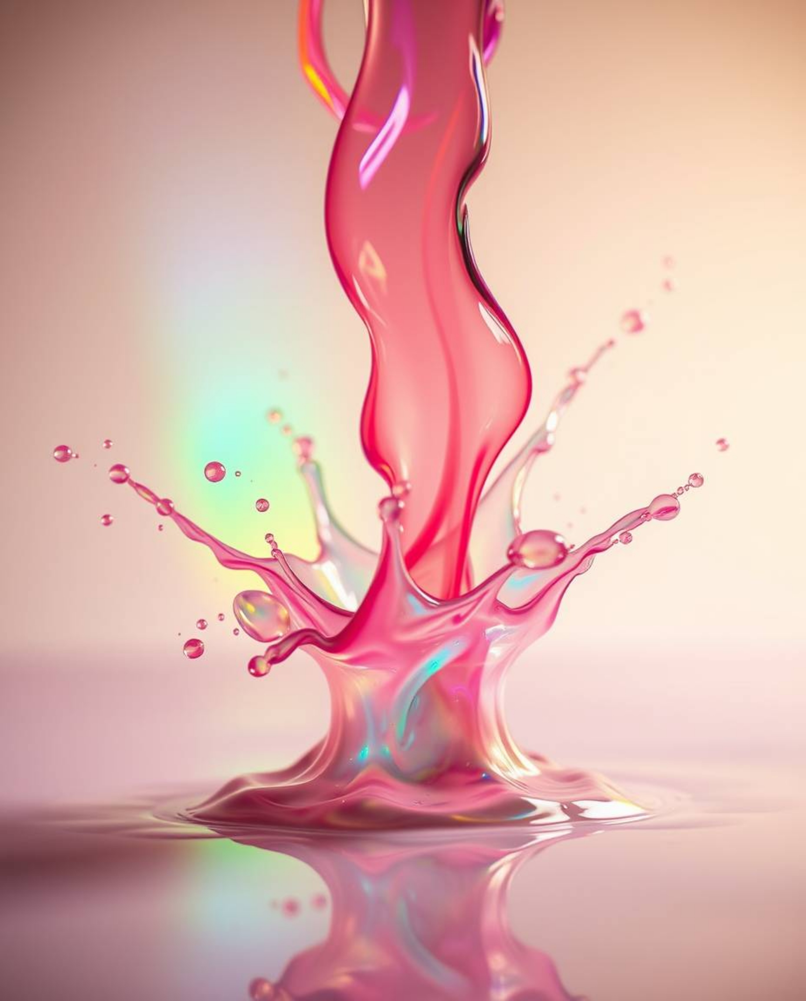 Explore a mesmerizing professional fine art photograph capturing iridescent colors flowing over a vibrant paint splash frozen