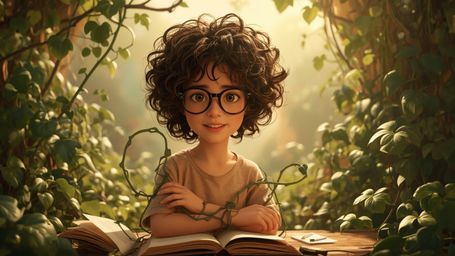 In a vibrant, cinematic photograph reminiscent of Pixar, a bespectacled, curly-haired homeschooled genius is surrounded by lu