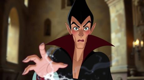 A captivating digital painting depicts a classic Disney villain with sharp features, fair skin, casting a spell within an old