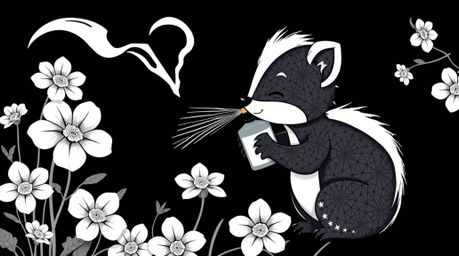 This classic black and white illustration features a cartoon skunk delicately spraying perfume onto flowers. The artwork is r