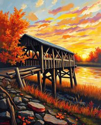 A bold acrylic painting depicts an old wooden bridge over a river at sunset, rendered in a palette of warm autumn colors. The