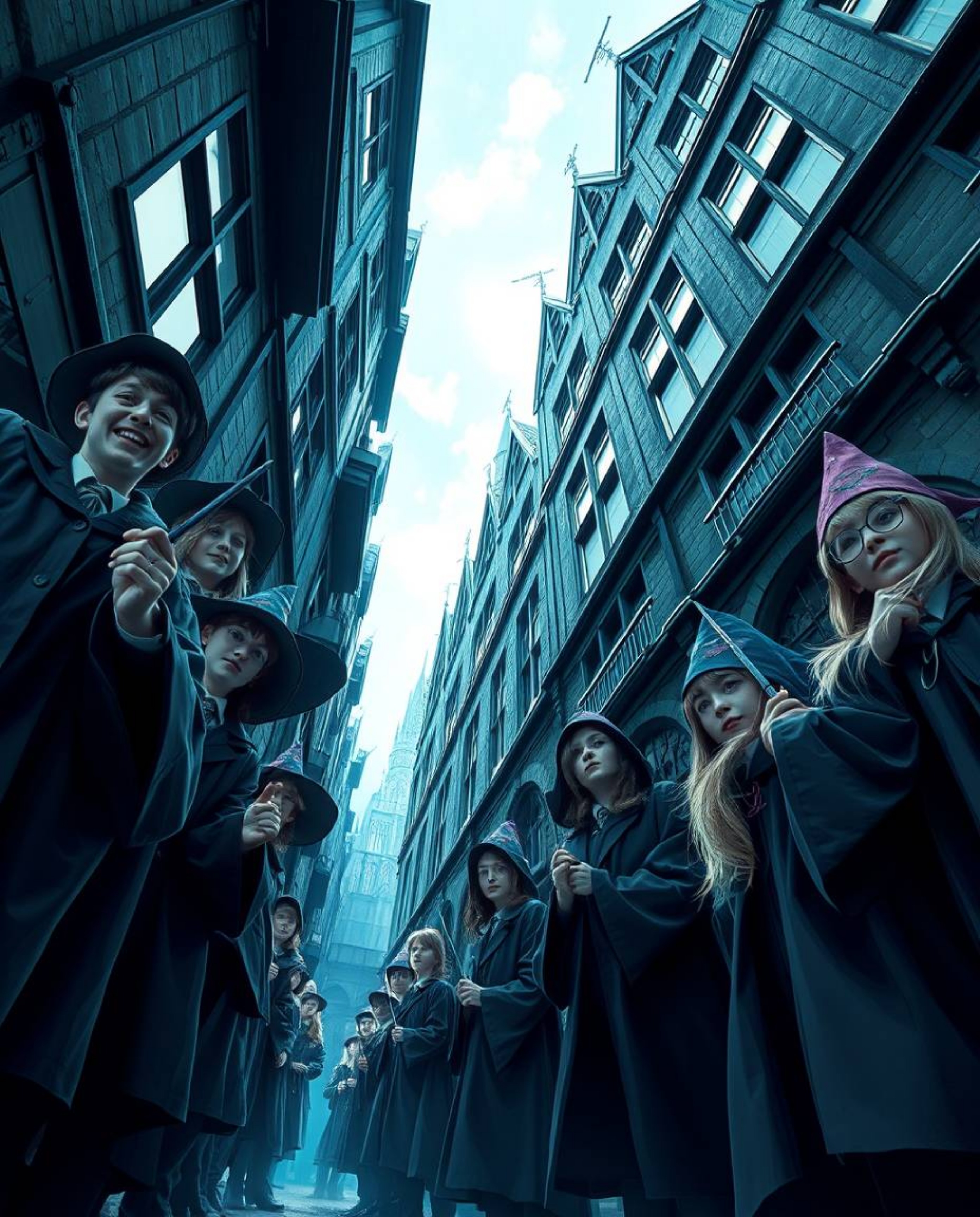 This artwork showcases a stunning low-angle view of a magical school bustling with young wizards. The scene is rendered in co