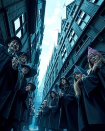 This artwork showcases a stunning low-angle view of a magical school bustling with young wizards. The scene is rendered in co
